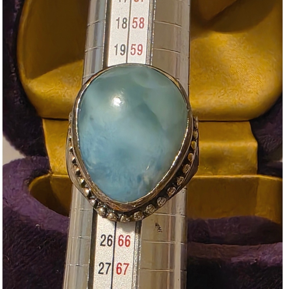 Sterling Silver Larimar Teardrop Statement Ring Size 10.25 Boho Beaded Trim - Picture 3 of 7